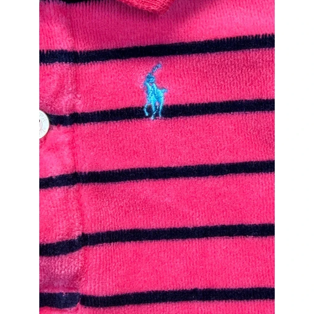 Ralph Lauren Polo Dress Baby Girls 9M Pink Navy Blue Striped Velour Short Sleeve